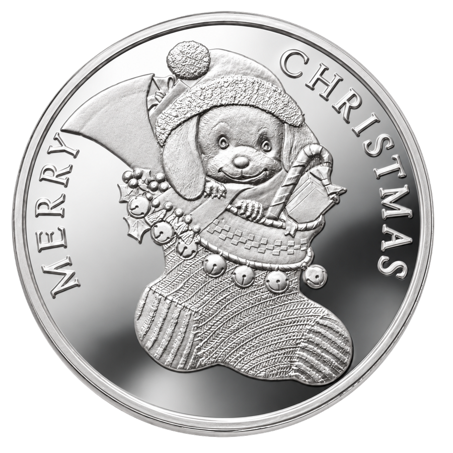 Puppy in a Stocking silver Christmas coin