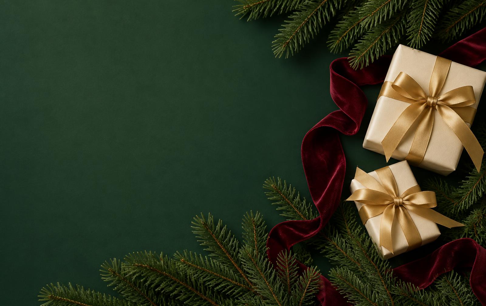 Ivory Christmas gifts tied with gold ribbon, surrounded by evergreen branches and burgundy velvet